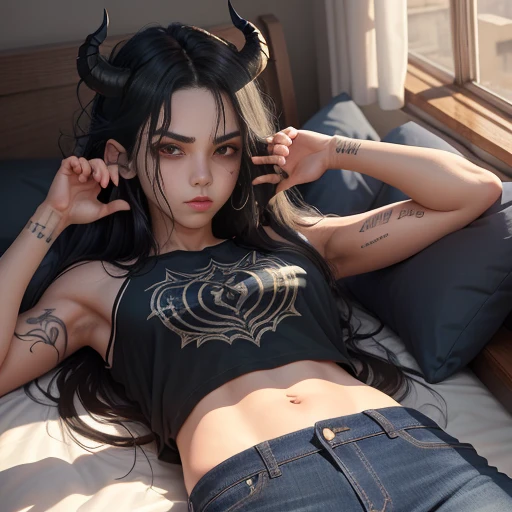 A teenage demon, 14 anos (Quatorze anos), ( demon girl), female demon, succubus, lying on a bed with a threatening background, mas intrigante. The demon&#39;s horns pierce a cascade of black hair, his piercing red eyes radiating an aura of malice and power...