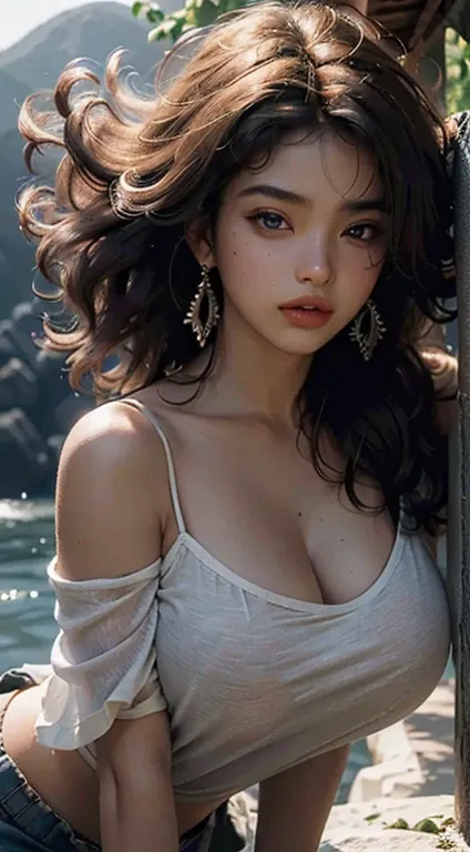 Best quality, masterpiece, ultra high resolution, (photorealistic: 1.4), sexy photo,, indian girl , 1girl curly blonde hair, sexy mouth,big tits, open outfit with neckline, off shoulder, cinematic lighting,(Best quality, 8k, 32k, masterpiece, UHD: 1.2), ph...