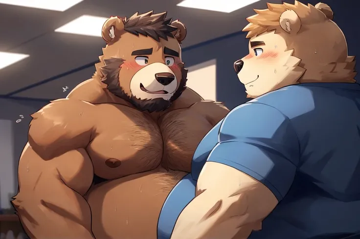 baby face, Musclegut, big chest, cute bear boy, Brown body hair, look at each other, blush, embarrassing, sweating, penis, I slow juice, indoor, Camera shooting