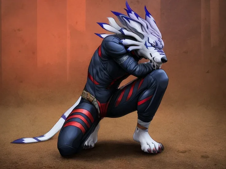 barefoot weregarurumon wears black ninja suit with red stripes, tebowing, detailed paws with bandages and claws, blue fur, in a ...