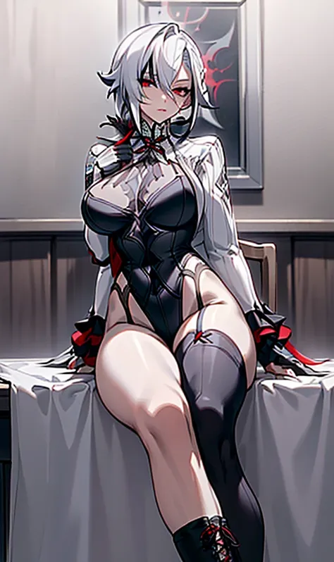 NSFW, ((Masterpiece, best qualtiy))，arlecchino, arlecchino from genshin impact, exquisitedetails，Fine background，Delicate light，Ray traching，Perfect texture，one-girl，White shirt，Black super shorts，Black band on upper body，Strangle，leg loops，Black stockings...