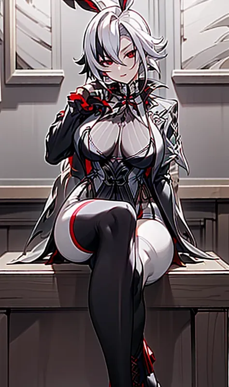 NSFW, ((Masterpiece, best qualtiy))，arlecchino, arlecchino from genshin impact, exquisitedetails，Fine background，Delicate light，Ray traching，Perfect texture，one-girl，White shirt，Black super shorts，Black band on upper body，Strangle，leg loops，Black stockings...