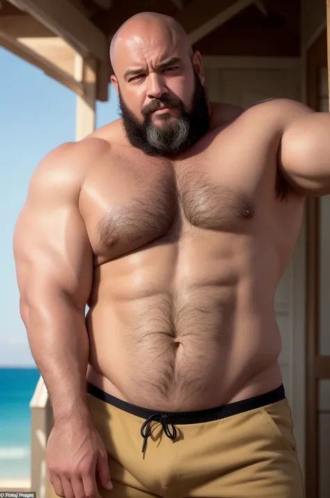 A stunning portrait of a beach scene captures the essence of a tractive beefy Greek mid-age bald man. Standing proudly, his strong muscular physique is on full display, accentuated by his big fat hairy belly and a chest adorned with a carpet of hair. His t...