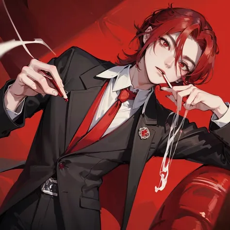 ((high quality)), ((masterpiece)), 8k, anime, generate a man with neat shoulder length blood red hair, gojo style red eyes, wearing a dark and shadowy black suit with a blood red tie, smoking a black cigarette that’s smoking red, (3307px x 4252px). 