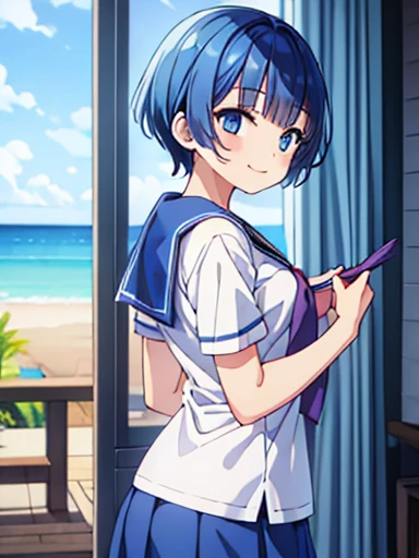 Illustration of smiling beautiful girl holding out towel toward us, short-sleeved sailor uniform, blue hair, short hair, slightly bouncy bangs, short collar back, blue skirt 