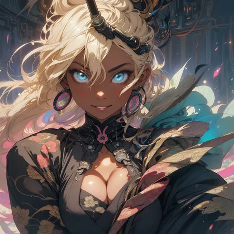 (((highest quality))),(((fine eyes))),(((32K))),(1 dark skinned girl),Fancy blonde,(tattoo),cyber punk,kimono,((luxurious and gorgeous)),shiny skin,earrings,Stylish costumes,((Super beautiful)),(perfect face),Japanese sword,ultimate texture,official art,Uk...