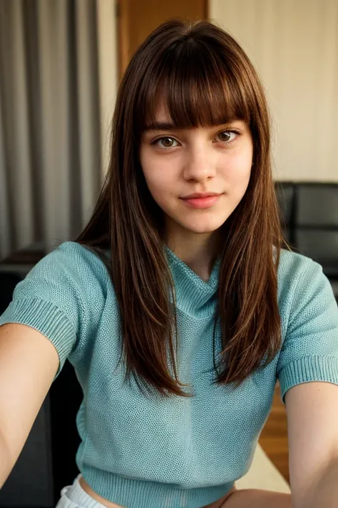 Best quality, high quality, high res... (((selfie))), long hair, brown hair, hair bangs, sweater, shorts, (looking at the camera), 16 years, ((closeup:0.8)), [film grain:0.1]