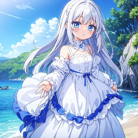 A little cute girl with white hair and blue eyes wearing a white dress