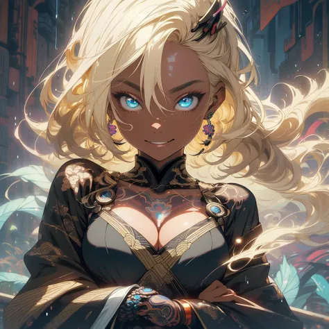 (((highest quality))),(((fine eyes))),(((32K))),(1 dark skinned girl),Fancy blonde,(tattoo),cyber punk,kimono,((luxurious and gorgeous)),shiny skin,earrings,Stylish costumes,((Super beautiful)),(perfect face),Japanese sword,ultimate texture,official art,Uk...