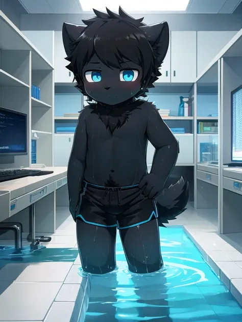 4K，8K，high resolution，masterpiece, best quality,boy，Blue eyes, hairy, alone, Wearing plain black shorts， wet fur,  Flooded，((boys，Shota))In the lab