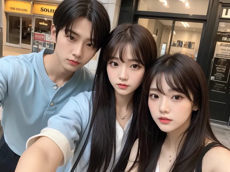 they are posing for a picture in front of a store, a picture inspired by Kun Can, trending on cg society, realism, kim doyoung, jinyoung shin, romantic lead, ulzzang, promotional still, naver fanpop, highlight scene of the movie, medium shot of two charact...