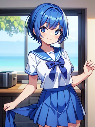 Illustration of a smiling beautiful girl holding out a towel with both hands toward the front of the screen, short-sleeved sailor uniform, blue hair, short hair, bouncy bangs, short collared back hair, blue skirt 