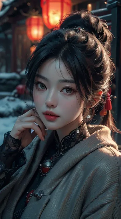 highest quality, (RAW photo: 1.2), (masterpiece: 1.4), (realistic: 1.4), (High resolution: 1.4), Chinese actress Guri Naza, Depth of bounds written, intricate details, 8K, very detailed, perfect lighting, epic background, winter clothing