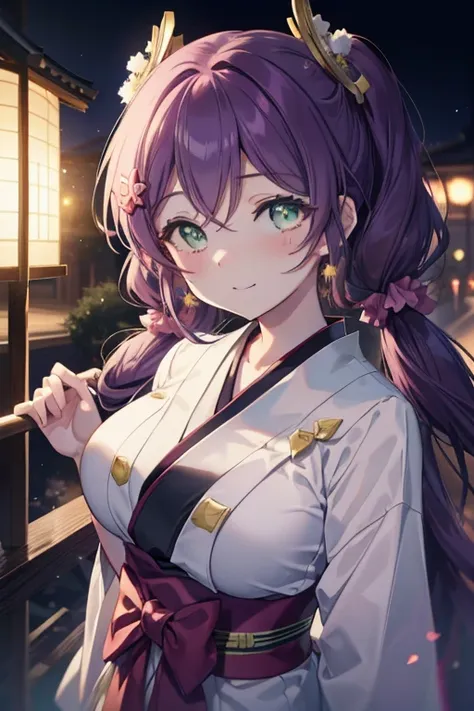 nozomi tōjō, nozomi tojo, (green eyes:1.5), purple hair, twin tails, low twin tails, scrunchie, long hair, (big breasts:1.2),hak...