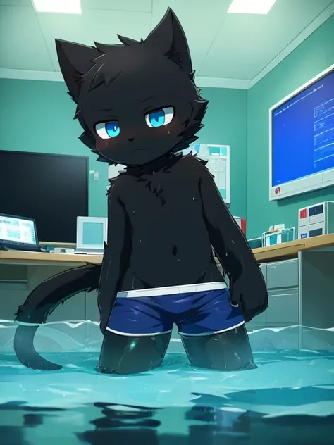 4K，8K，high resolution，masterpiece, best quality，Blue eyes, hairy, alone, Wearing pure blue shorts， wet fur, green slime drowned，short tail((black cat，Shota))In the lab