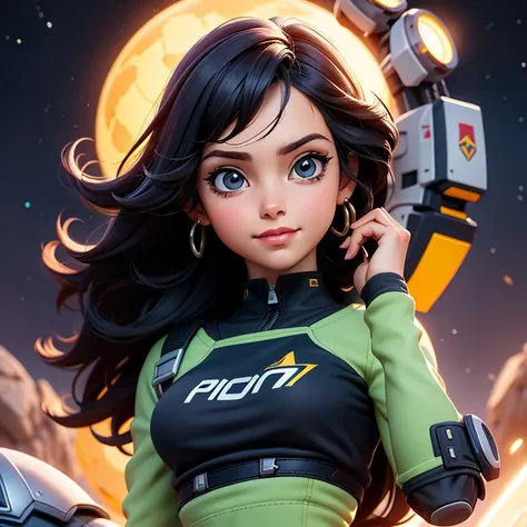 Jovencita, armadura, Science fiction, aventurera, pistola, falda corta, sexy, brazo de robot, cabello largo, sonriendo, cabello negro, galactic setting. 