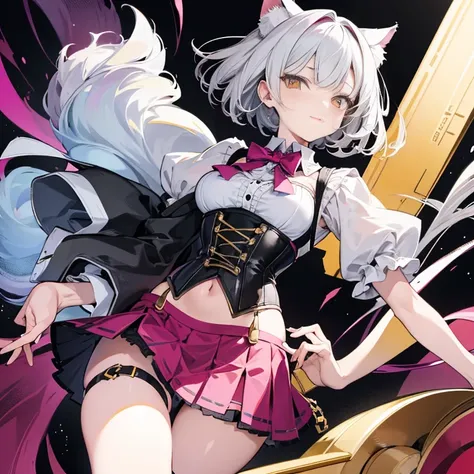 girl, gray hair, short haired, yellow eyes, small breasts, cat hair ornament, side lock, gray hair, shiny hair, uniform, (golden eyes: 1.2), (Two long triangular extensions at skirt, Best corset for the stomach), White buttons on vest corset, (Short sleeve...