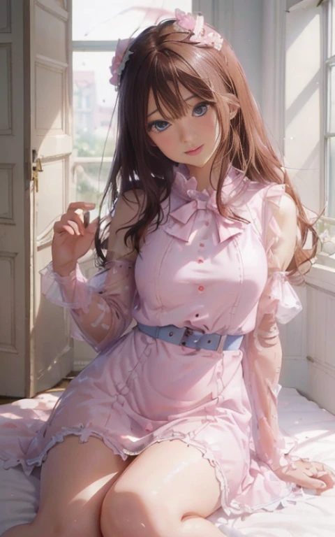 (masterpiece++, best quality++, ultra-detailed+, extremely detailed++, 4K, 8K+, best quality, beautiful+, anime style,1person,full body image,room,pink girly white mimi onepiece dress,leather belt,tight belt,beautiful straight brown hair,beautiful blue eye...