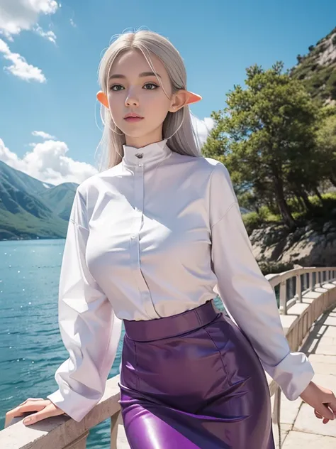 8K, highest quality, RAW photo,  ultra high resolution　silver blonde　silver hair　eyes are pink　cool beauty　beautiful butt　thin eyebrows　2 limbs　alone　beautiful nose　Make the nose smaller　droopy eyes　glamorous mouth　pale red-purple casual shirt　black leathe...