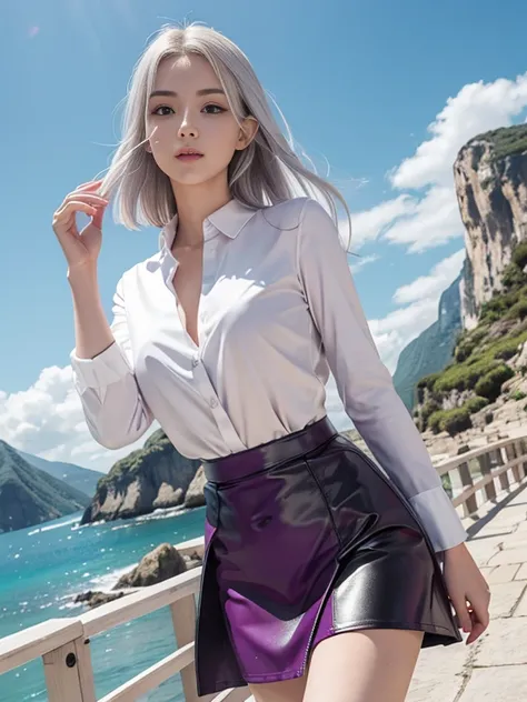 8K, highest quality, RAW photo,  ultra high resolution　silver blonde　silver hair　eyes are pink　cool beauty　beautiful butt　thin eyebrows　2 limbs　alone　beautiful nose　Make the nose smaller　droopy eyes　glamorous mouth　pale red-purple casual shirt　black leathe...