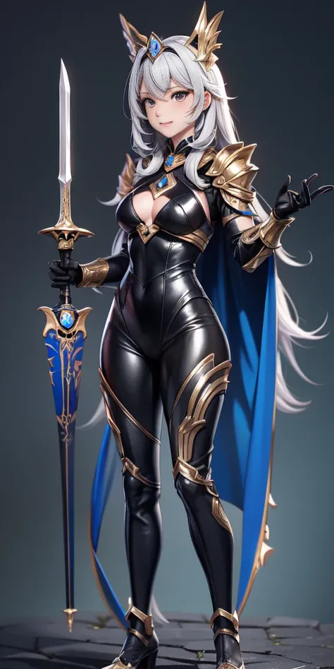 full body picture Unreal Engine 5 8K UHD of beautiful women, light grey hair, princess warrior, royal silver armor with details, black chainmail bodysuit underwear, female royal knight, formal pose, holding steel sword with ancient language, flying ancient...