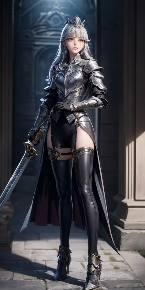 full body picture Unreal Engine 5 8K UHD of beautiful women, light grey hair, princess warrior, royal silver armor with details, black chainmail bodysuit underwear, female royal knight, formal pose, holding steel sword with ancient language, flying ancient...