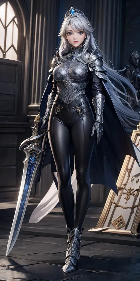 full body picture Unreal Engine 5 8K UHD of beautiful women, light grey hair, princess warrior, royal silver armor with details, black chainmail bodysuit underwear, female royal knight, formal pose, holding steel sword with ancient language, flying ancient...