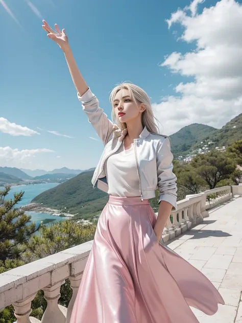 8K, highest quality, RAW photo,  ultra high resolution　silver blonde　silver hair　eyes are pink　cool beauty　droopy eyes　glamorous mouth　white casual jacket　light pink inner shirt　black leather long skirt　Sparkling　fantastic scenery　Raise your hands and look...