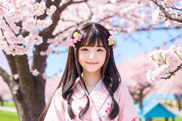 「Smiling cute girl wearing Japanese clothes under Japanese cherry blossom tree。She has long hair and、Decorating the head with cherry blossoms。In the background、Cherry blossom trees in full bloom and blue sky。The illustrations are colorful、Drawn in anime st...