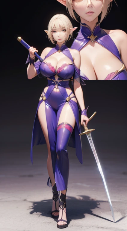 A close-up of a woman wearing a costume holding a sword, 3D rendering of character art 8k, April rendering, Mirabelle Madrid Gale rendering, cute 3D anime girl rendering, full body fairy tale, mature woman, huge breasts, cleavage, V from the devil may cry ...