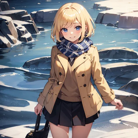 Masterpiece, solo, 1girl, smiling, scarf, coat, short skirt, short blonde hair, Banff Canada