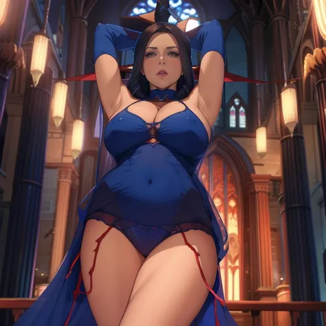 milf Ewa Sonnet wears transparent dark blue nuns robe, red panties, in cathedral, arms up looking down at camera