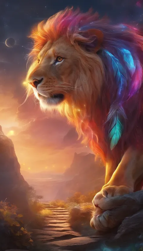 Rainbow-colored、beautiful lion，majestic、heavenly scenery、magical light、four delicate legs、Close-up，take off and run，Clouds soaring in the fog，powerful，universe background，star cloud，sun，rays of sunhine，celestial body，（limbs are intact and sound），（don&#39;t...