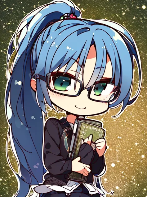 (best quality,1.2,ultra-detailed,realistic:1.37),masterpiece:1.2,1girl,solo,blush,beautiful detailed smile,long_hair with hair_ornament,blue_hair,green_eyes with glasses,holding a book,punk style,hair_ponytail,chibi character with a (^_^) expression.