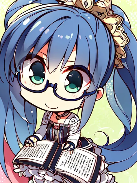 (best quality,1.2,ultra-detailed,realistic:1.37),masterpiece:1.2,1girl,solo,blush,beautiful detailed smile,long_hair with hair_ornament,blue_hair,green_eyes with glasses,holding a book,punk style,hair_ponytail,chibi character with a (^_^) expression.