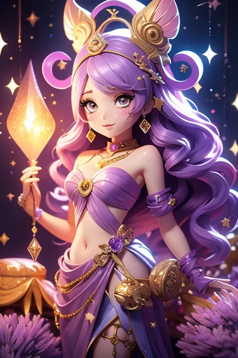 anime style; 3d; glitter; horoscope sign Cancer goddess; color lavender; Crab details; ♋ symbol; amethyst stone;