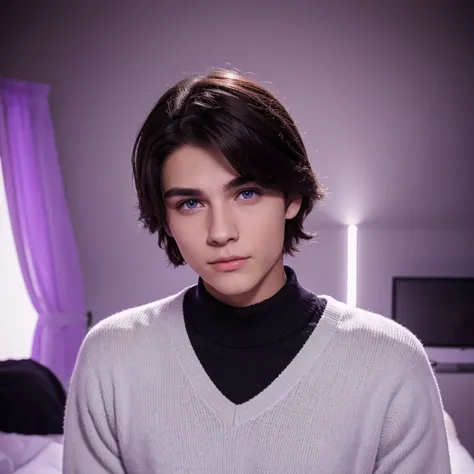 Attractive 18-year-old boy with perfect with a black sweater, almond-shaped and almond-shaped eyes, white skin, with attractive eyes and a deep look, The background is of a room no With purple LED lights , Hair asiático 