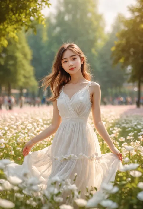 cinematic photo, a girl, white dress, flowers park, dynamic pose, soft color, 35mm photograph, film, bokeh, highly detailed, (realistic, photorealistic, RAWphoto:1.4), (best quality, masterpiece, Representative work, official art, Professional, 8k:1.3)