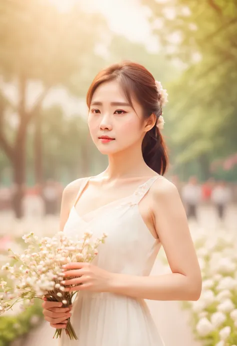 cinematic photo, a chinese lady, white dress, flowers park, dynamic pose, soft color, 35mm photograph, film, bokeh, highly detailed, (realistic, photorealistic, RAWphoto:1.4), (best quality, masterpiece, Representative work, official art, Professional, 8k:...