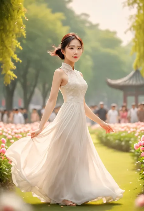 cinematic photo, a chinese lady, white dress, flowers park, dynamic pose, soft color, 35mm photograph, film, bokeh, highly detailed, (realistic, photorealistic, RAWphoto:1.4), (best quality, masterpiece, Representative work, official art, Professional, 8k:...