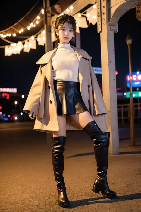 night,sunny,outside In town,cowboy shot,standing,fashion model posing,Knee-high boots,leather skirt,camel coat,peace,Ultra-realistic capture, Highly detailed, High resolution 16k close-up of human skin. Skin texture must be natural, With such detail that p...