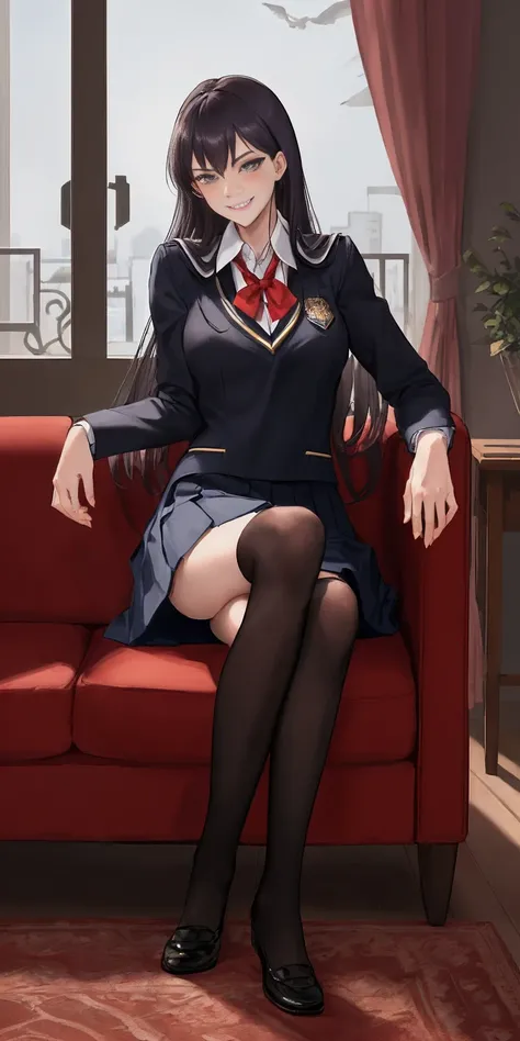 fictional Lady death, a lady sitting on red sofa, black attractive outfit, beautiful, grey eyes, proud, charming, intimate, appealing poses, relaxing(fantasy style)(lustful smirking smiley with face red blush)(wearing a schoolgirl uniform)(uniform tear apa...