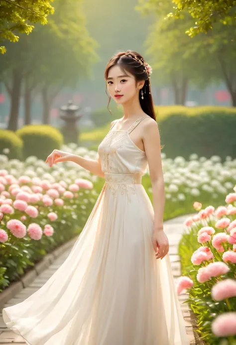 cinematic photo, a chinese lady, white dress, flowers park, dynamic pose, soft color, 35mm photograph, film, bokeh, highly detailed, (realistic, photorealistic, RAWphoto:1.4), (best quality, masterpiece, Representative work, official art, Professional, 8k:...