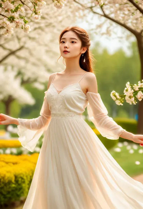 cinematic photo, a lady, white dress, flowers park, dynamic pose, soft color, 35mm photograph, film, bokeh, highly detailed, (realistic, photorealistic, RAWphoto:1.4), (best quality, masterpiece, Representative work, official art, Professional, 8k:1.3)