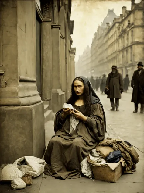 Mona Lisa homeless, begging on street,1900-1917 --ar 5:7
