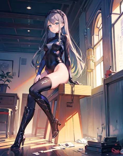 highest quality,sleeping face up in bed，Crab crotch，please show me your boots，thigh high boots，leotardチラ見せ，glove，Strange thieves，elegant, 1 girl, leotard，body suit，cute, blushed, looking at the viewer, from below, prison，blue eyes, beautiful eyes, beautifu...