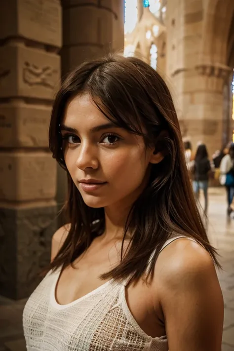 quiero la imagen de esta misma modelo en la sagrada familia de Barcelona