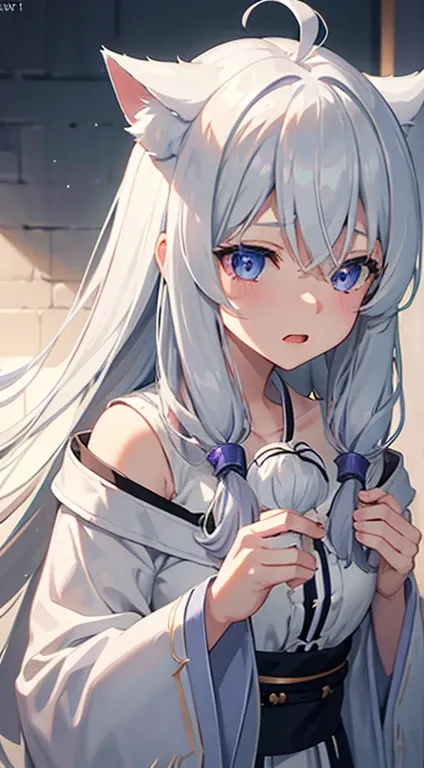 silver hair, gradient hair, asymmetrical hair, hair between eyes, crossed bangs, part the bangs, very long hair, asymmetricalbangs, crystal hair, expressive hair, hair line, hair spread, Take off your mask, gradient eyes, light blue eyes, purple eye, Headp...