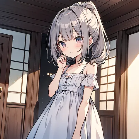 Anime girl around 5 years old，Double ponytail hairstyle 1.5，Long gray hair 1.5，Wearing a plain white dress，Standing in the girls room（Laugh with your mouth open 1.5）（shy expression 1.5）（The background is in the village room：1.5），anime style 4k，anime render...