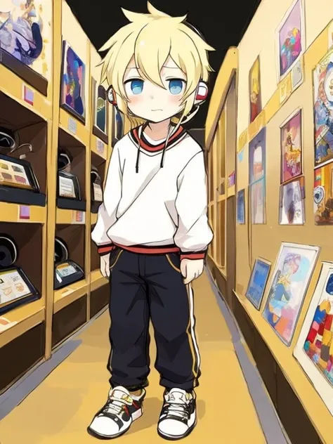 blond hair，exhibit，Shota，Lovely，The headphones have white curls，Trendy clothes